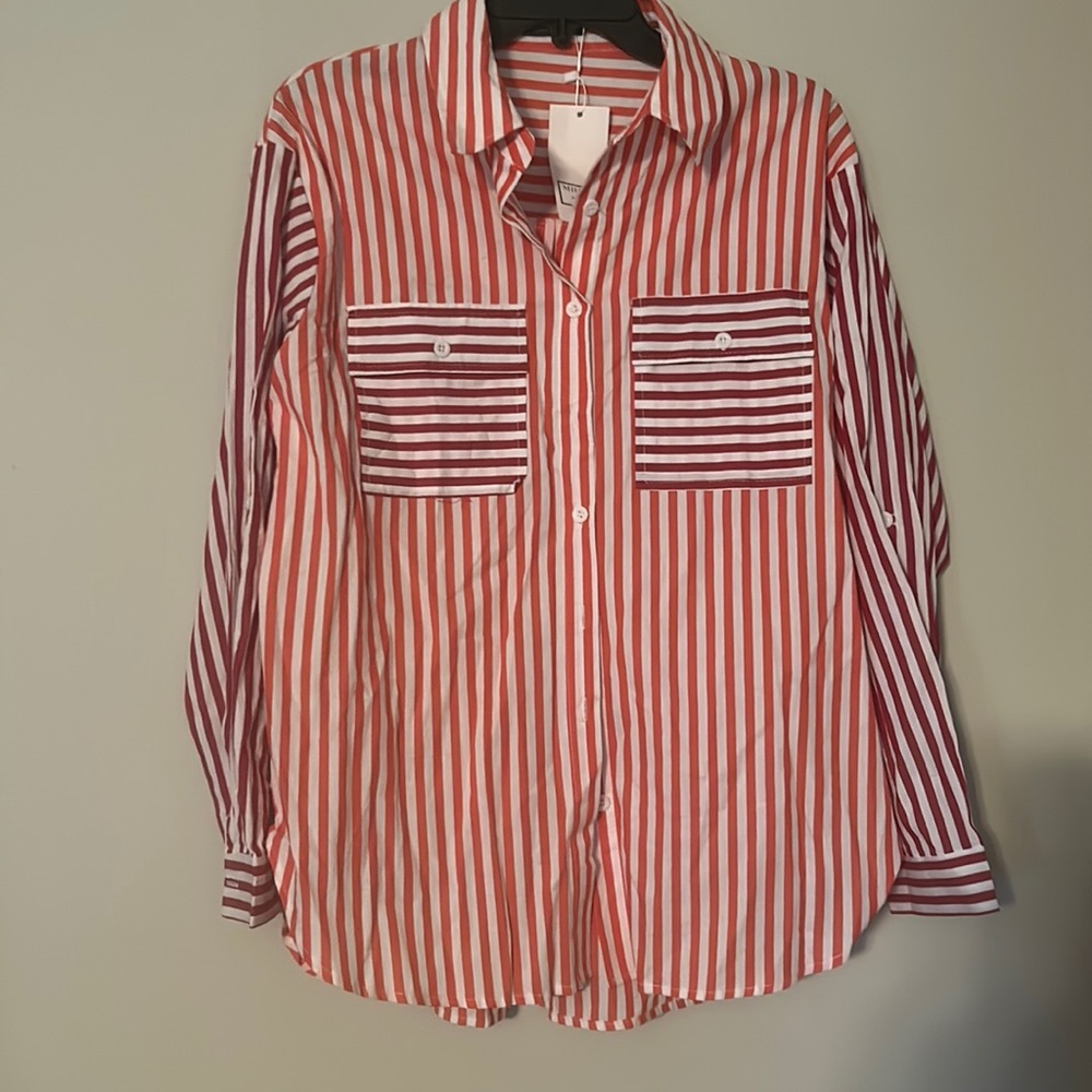 NWOT Sz Large Miholl deep rose/coral striped button down blouse.